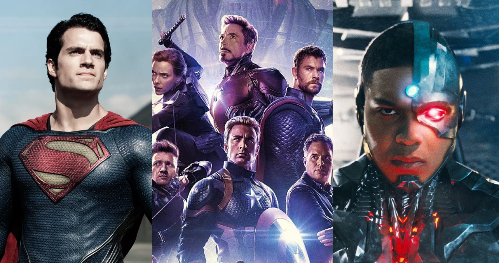 A combined feature image featuring Henry Cavill and Ray Fisher next to several actors from the MCU on a poster for Avengers: Endgame.