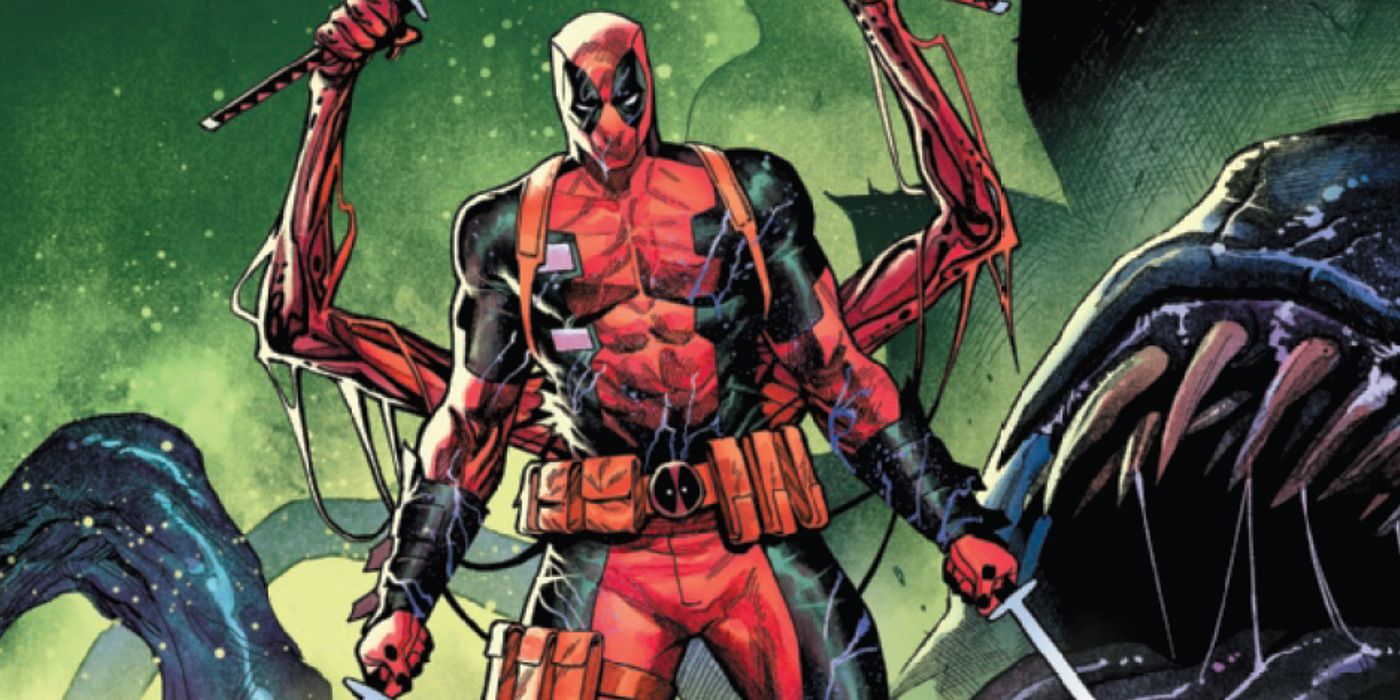 An image of Deadpool infected by a Carnage Symbiote in Marvel Comics