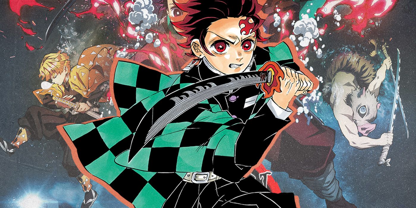 Tanjiro Kamado wielding his black demon slayer blade with Inosuke on the right and Zenitsu on the left from Demon Slayer