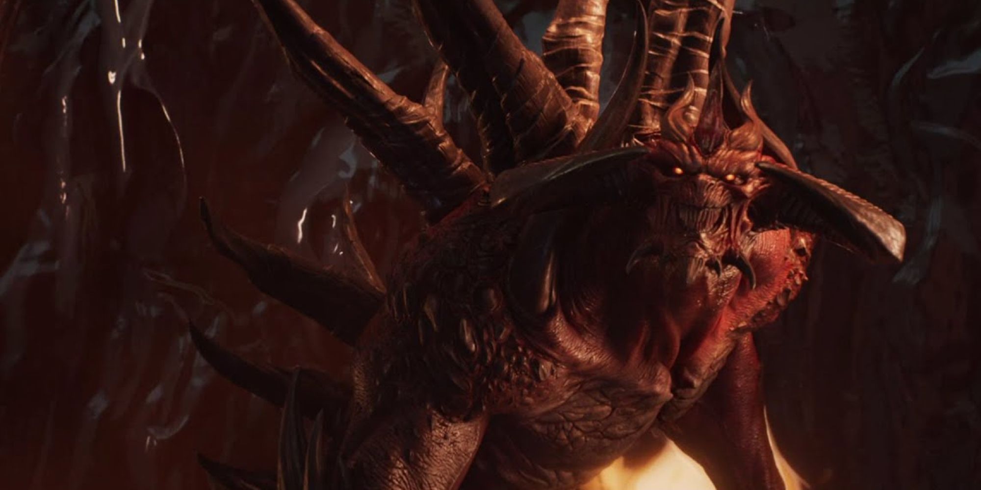 Diablo in his final form standing before the Infernal Gate to the Burning Hells in Diablo II Resurrected