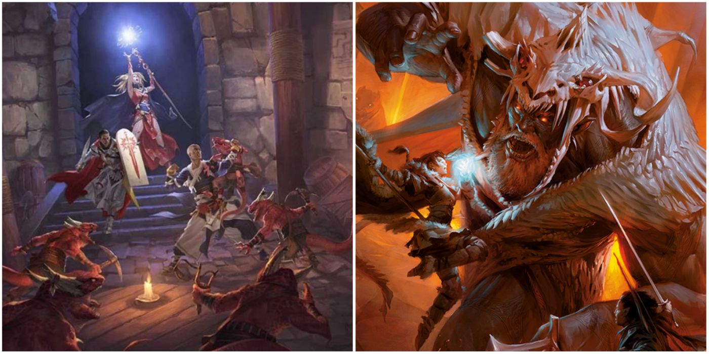 A split image showing a Pathfinder party in a dungeon, and a DnD character battling a giant