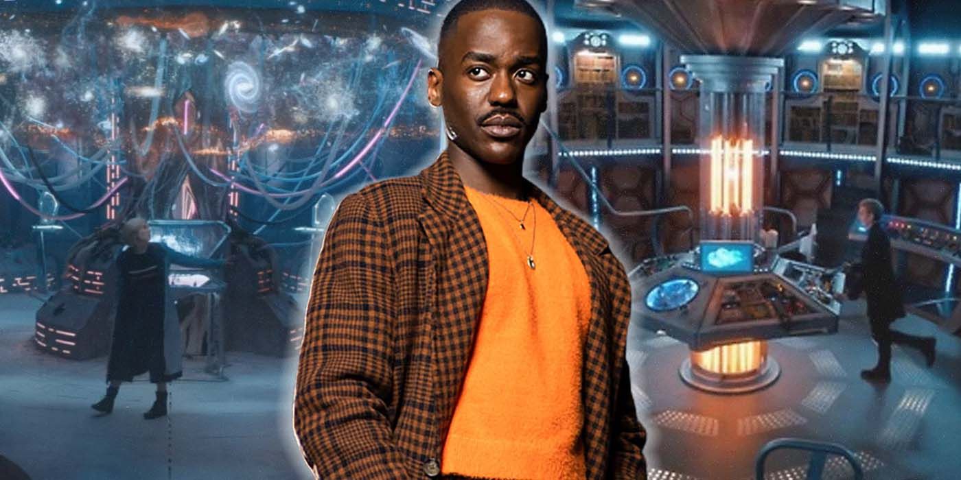 Doctor Who star Ncuti Gatwa in front of images of Jodie Whittaker and Peter Capaldi's versions in their respective TARDISes.