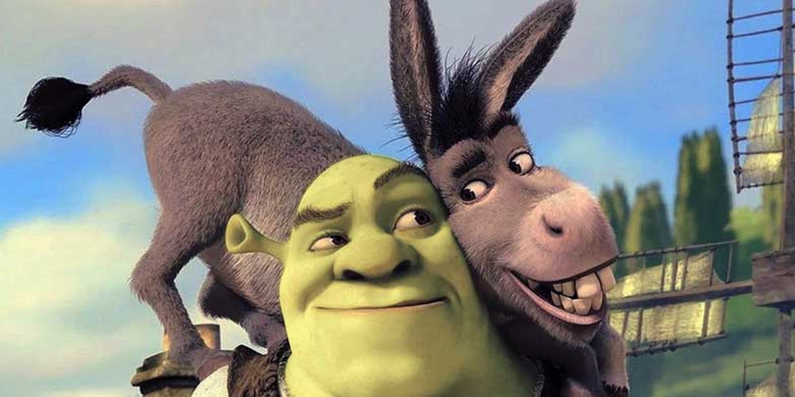 Shrek and Donkey leaning their faces together  in DreamWorks' Shrek