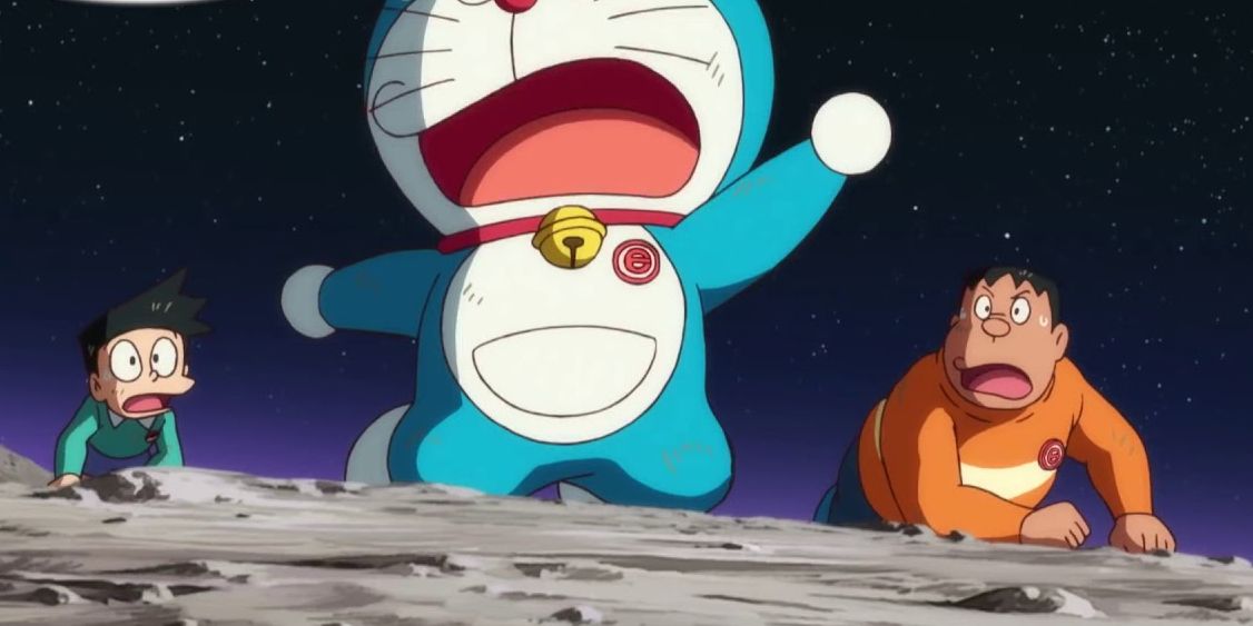 Nobita lands on the moon with Doraemon in Doraemon