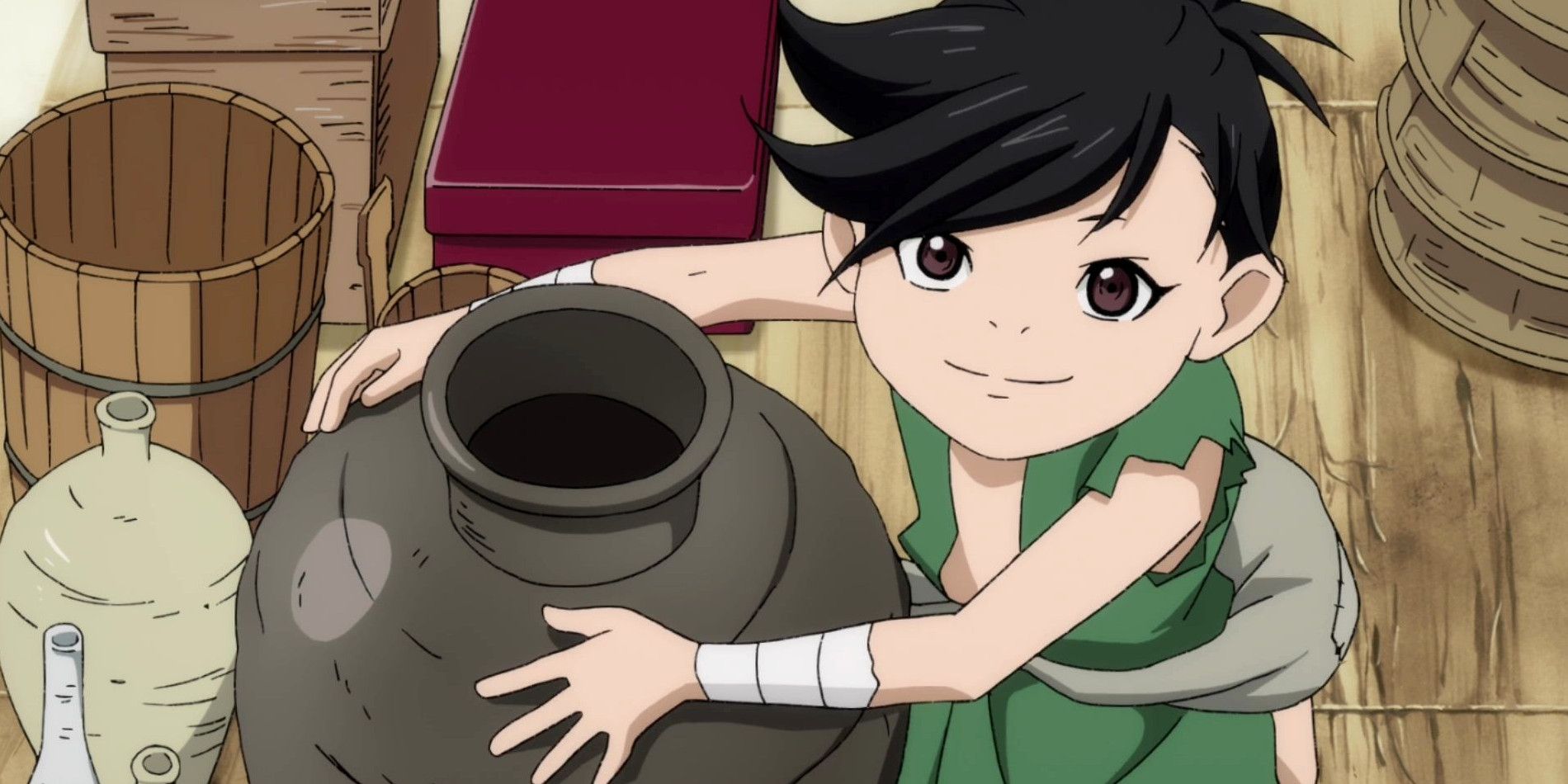 Dororo from the 2019 Dororo anime, holding onto a clay pot.