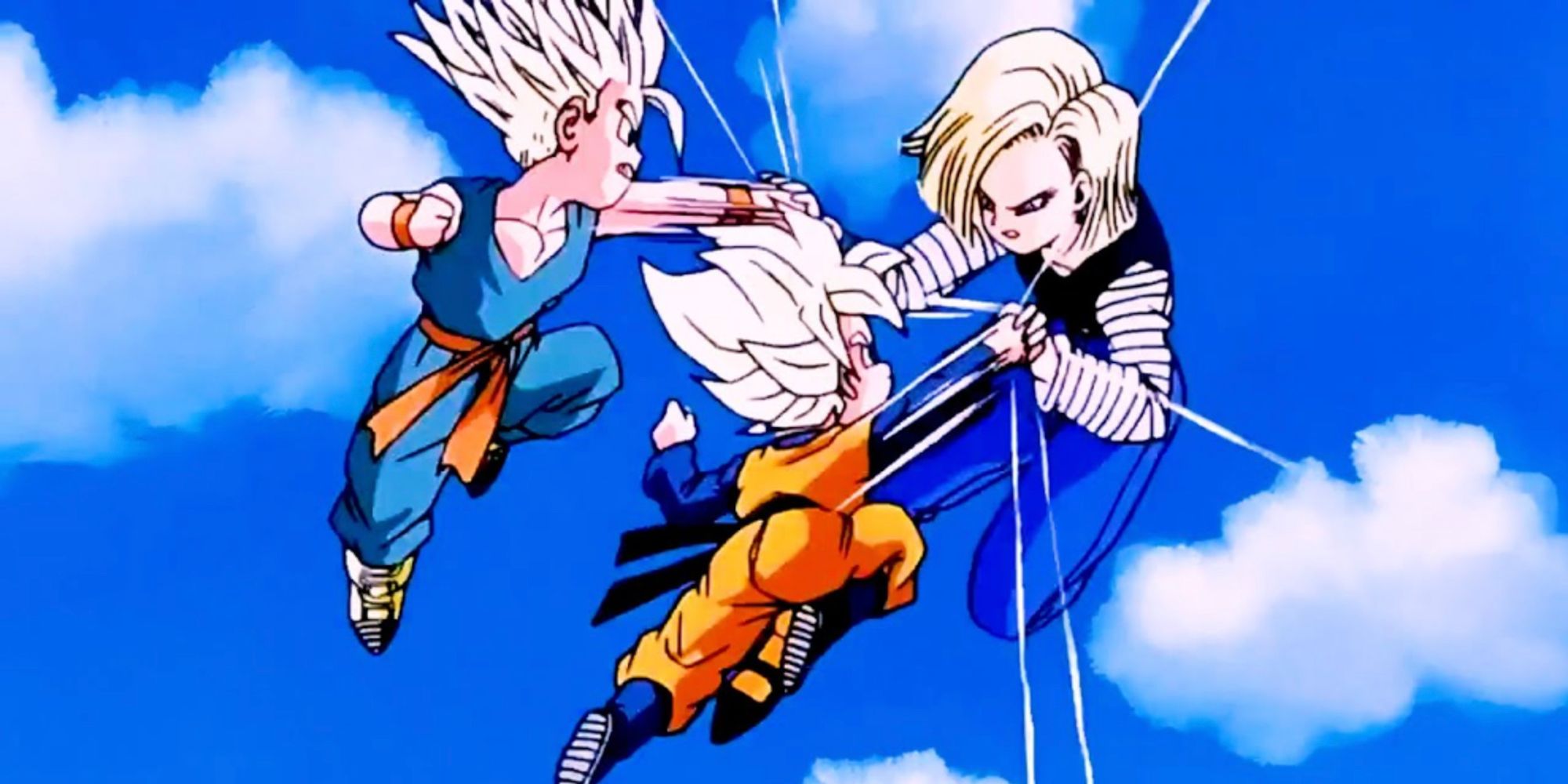 Android 18 spars with Super Saiyan Goten and Trunks in Dragon Ball Z