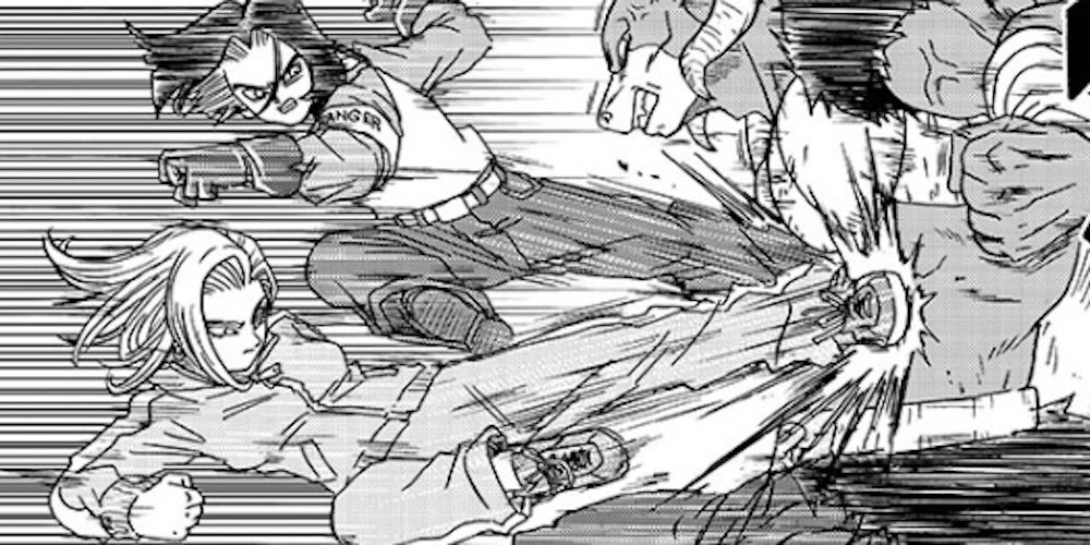 Android 18 and 17 kick Moro in Dragon Ball Super manga