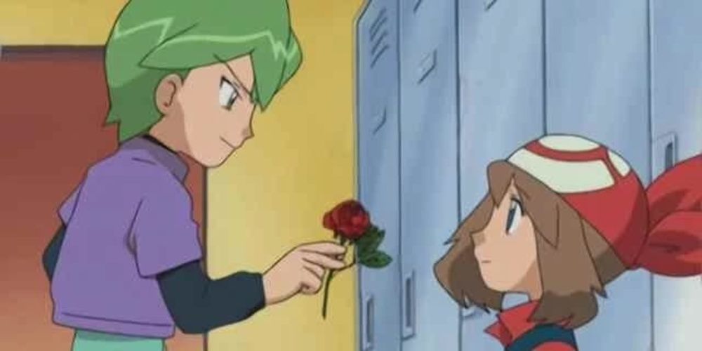 Drew gives May a rose in Pokémon.