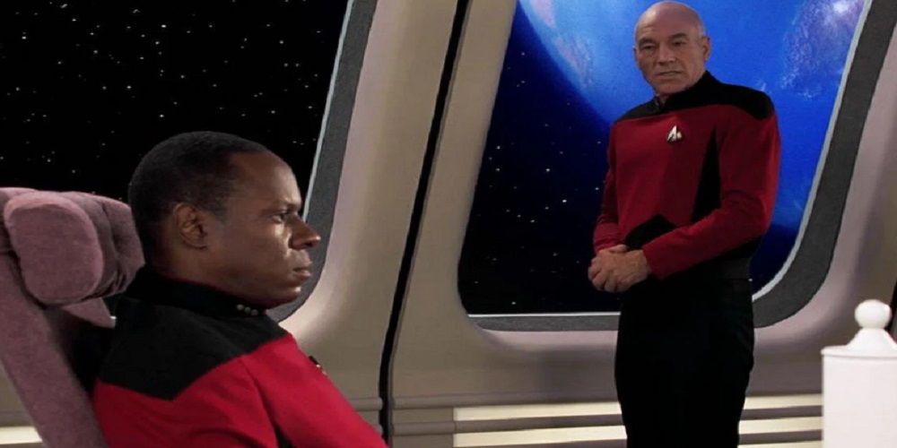 Sisko (left) receives his assignment from Captain Picard in DS9's first episode