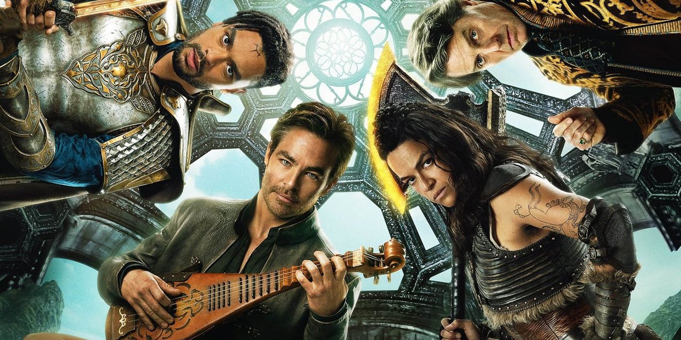 Chris Pine e o grupo posando em Dungeons & Dragons: Honor Among Thieves.