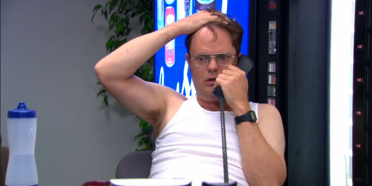 Dwight Schrute calls into a fake radio station after Sabre printers catch fire on The Office.