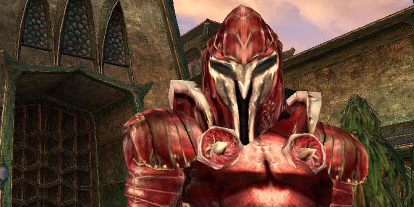 The Elder's Scroll III: Morrowind character in red knight armor.