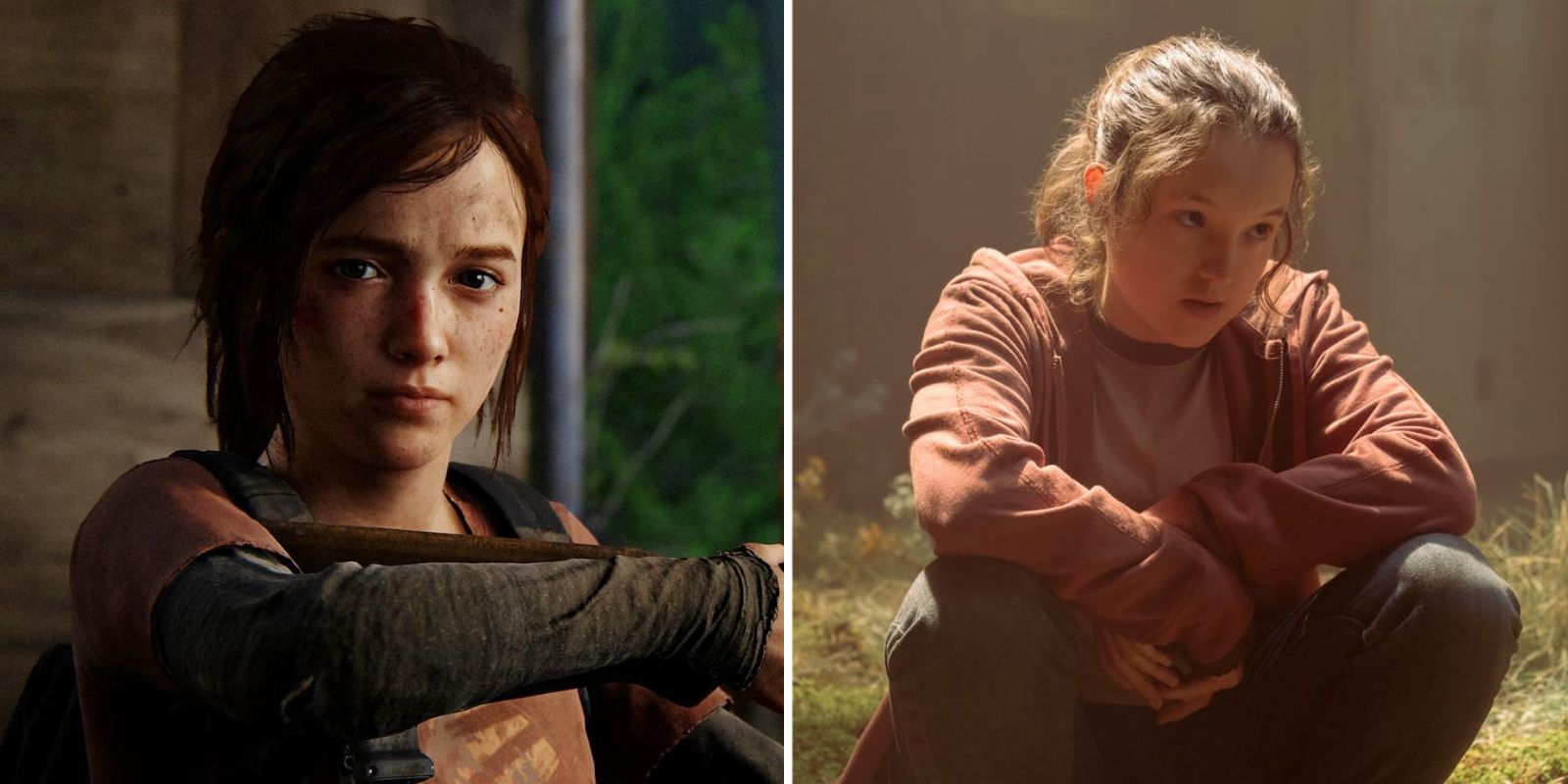 Ellie aims her rifle in the Pittsburgh Financial District in The Last of Us Part I and Bella Ramsey as Ellie sitting down in HBO's The Last of Us