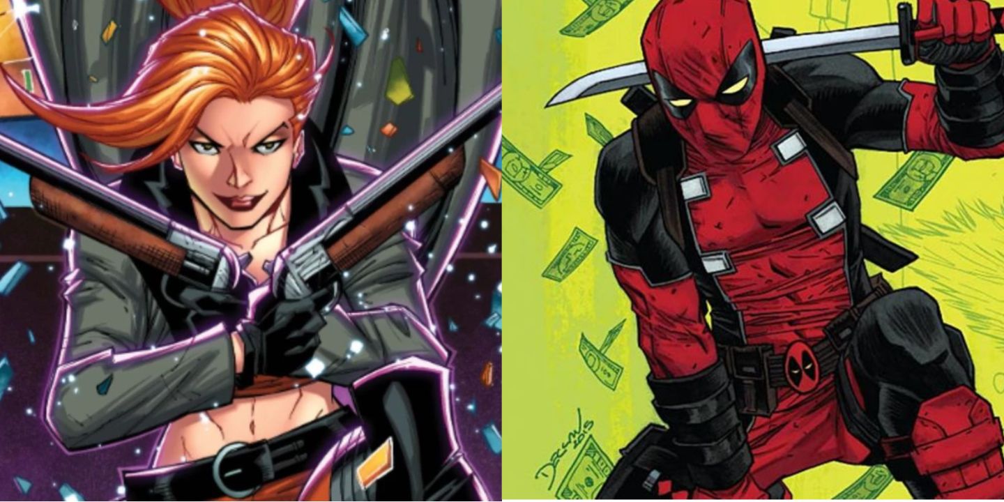 A split image of Elsa Bloodstone with twin shotguns and Deadpool in Marvel Comics
