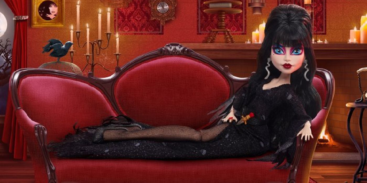 Mattel's Elvira Monster High doll sprawled seductively on a couch.