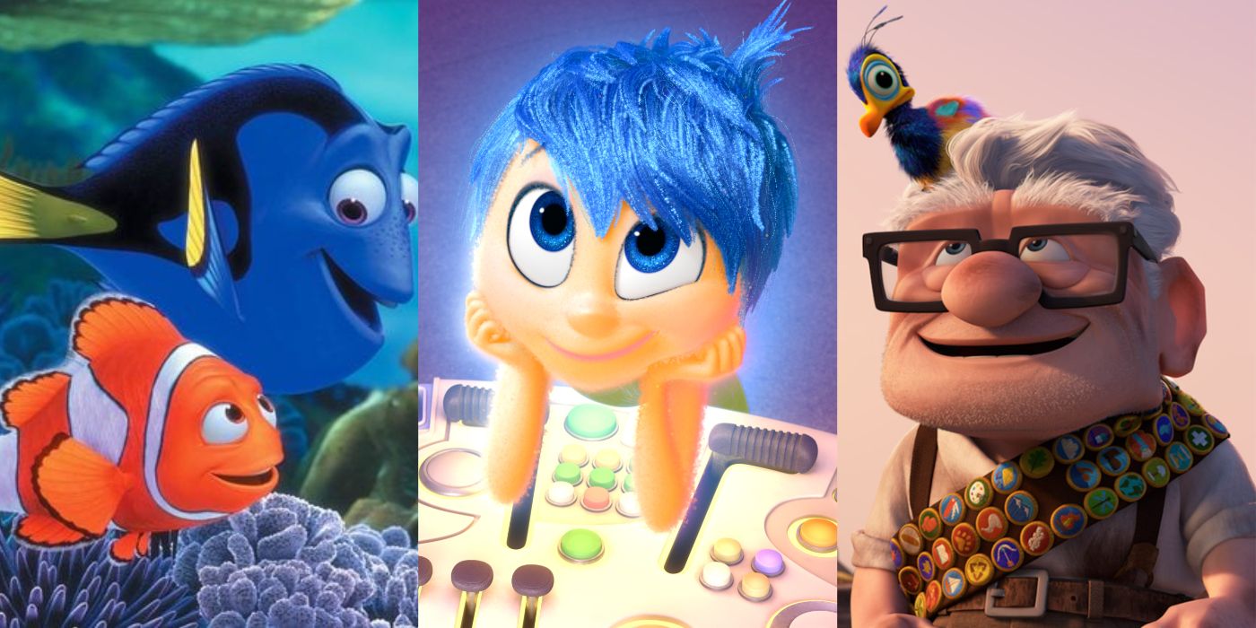 Dory and Marlin swimming in Finding Nemo, Joy resting her head in her hands in Inside Out, and Carl with a bird on his head in Up. 