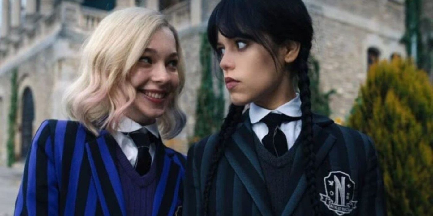 Enid Sinclair and Wednesday Addams at Nevermore Academy in Wednesday on Netflix