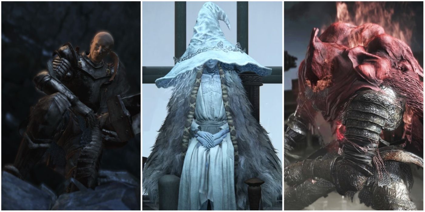 A split image showing Patches in Dark Souls III, Ranni the Witch in Elden Ring, and Slave Knight Gael