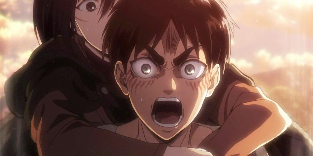 Eren protects Mikasa while screaming  in Attack on Titan.
