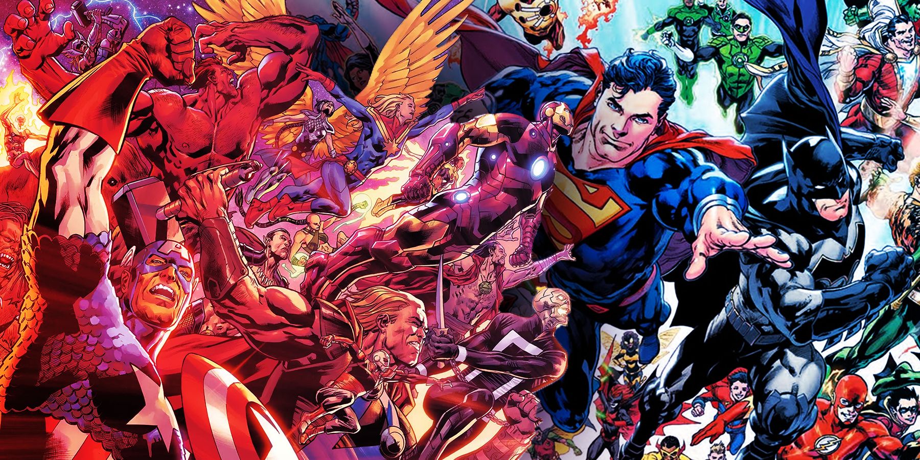 A split image of Every Marvel Hero Vs. Every DC Hero
