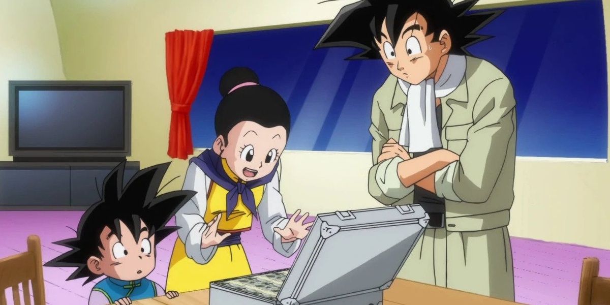 Dragonball Super Goku Chi Chi and Goten Looking At Money
