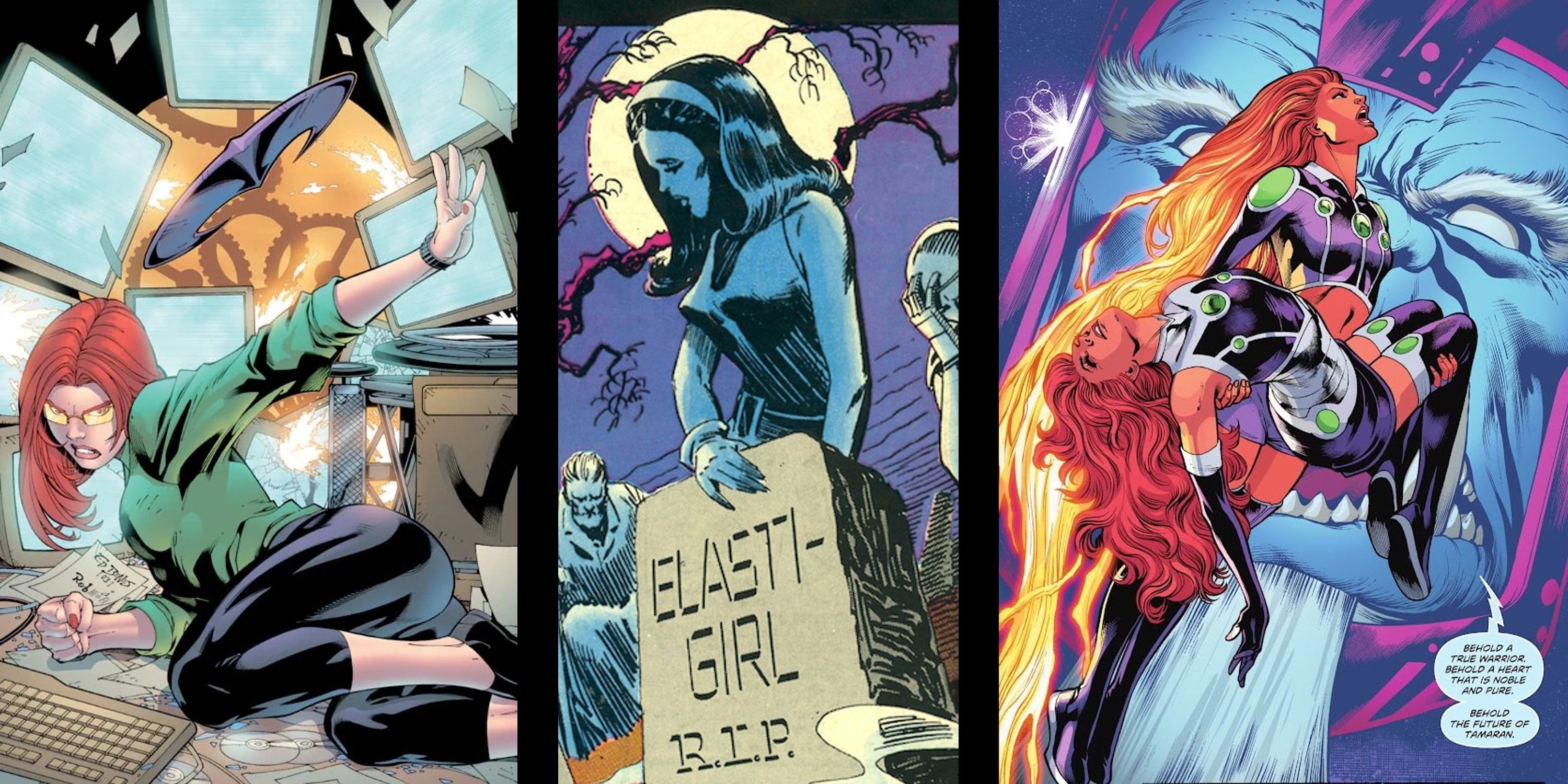 From left to right, Barbara Gordon as Oracle, Elasti-Girl stands over her headstone, Koriand'r is the future of Tamaran