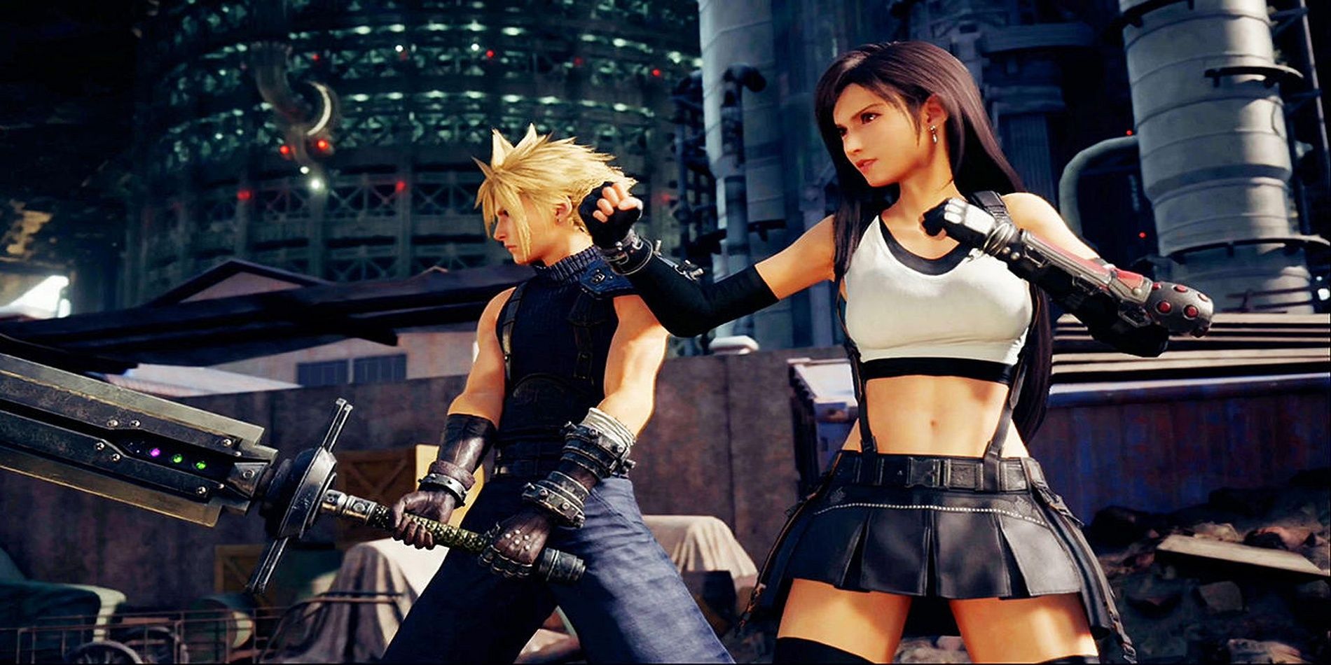 Cloud and Tifa ready themselves for a fight in the Final Fantasy 7 remake