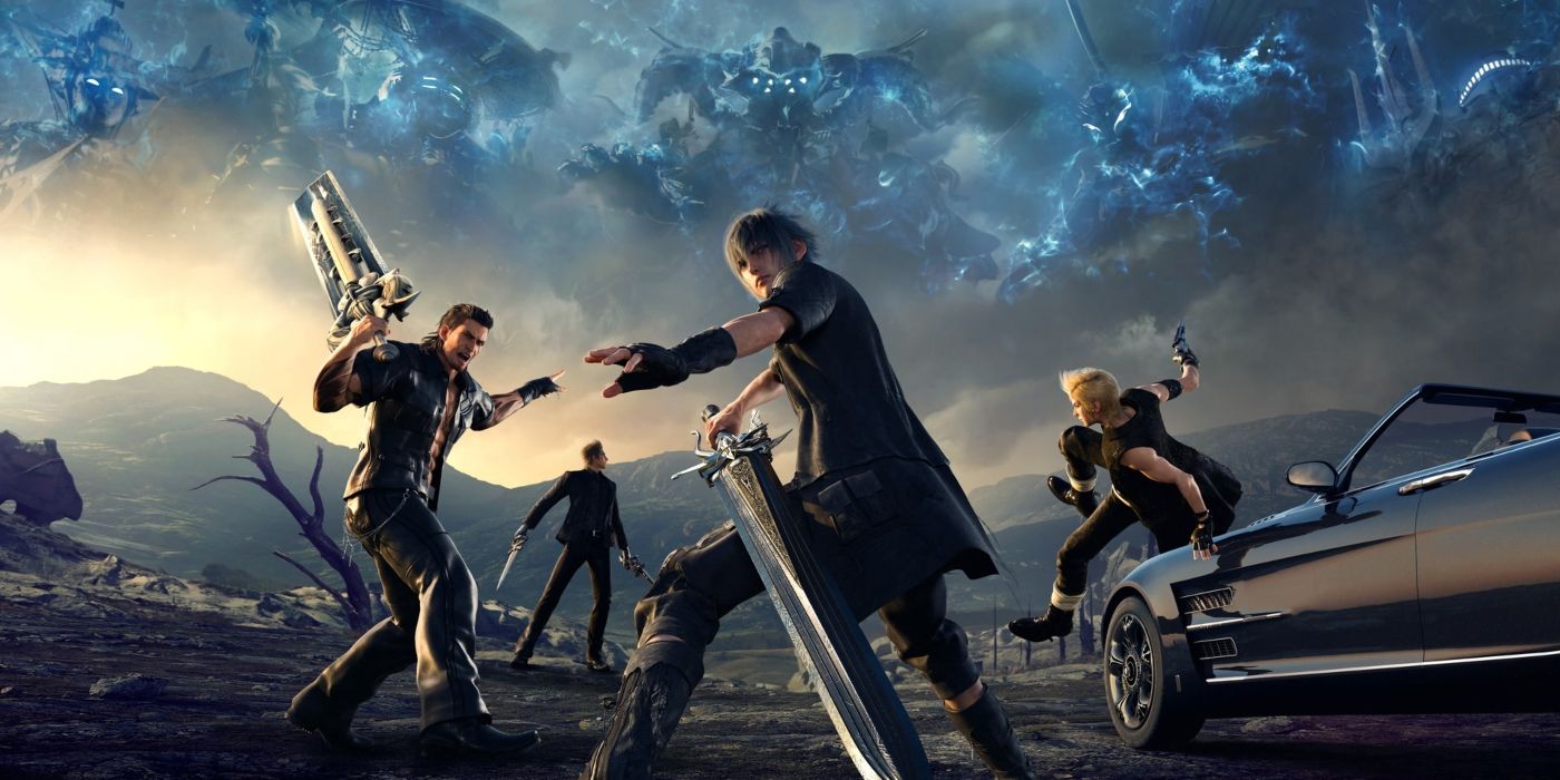 Gladio, Ignis, Noctis e Prompto preparando suas armas no jogo Final Fantasy XV