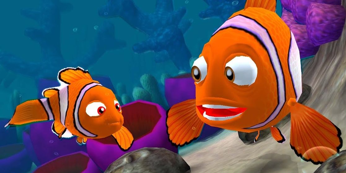 Marlin fala com seu filho Nemo no fundo do mar no jogo Finding Nemo PS2.