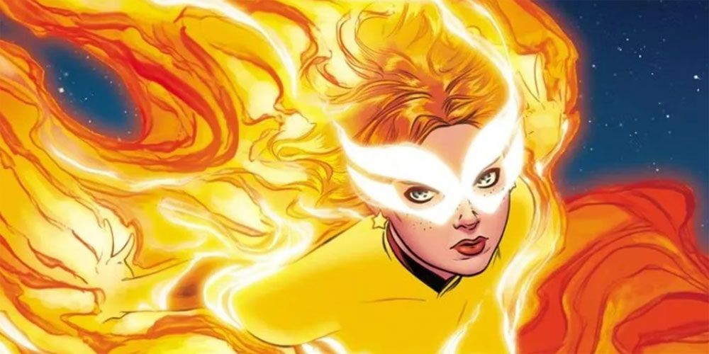 Firestar wearing her X-Men costume while flying and burning in Marvel Comics.