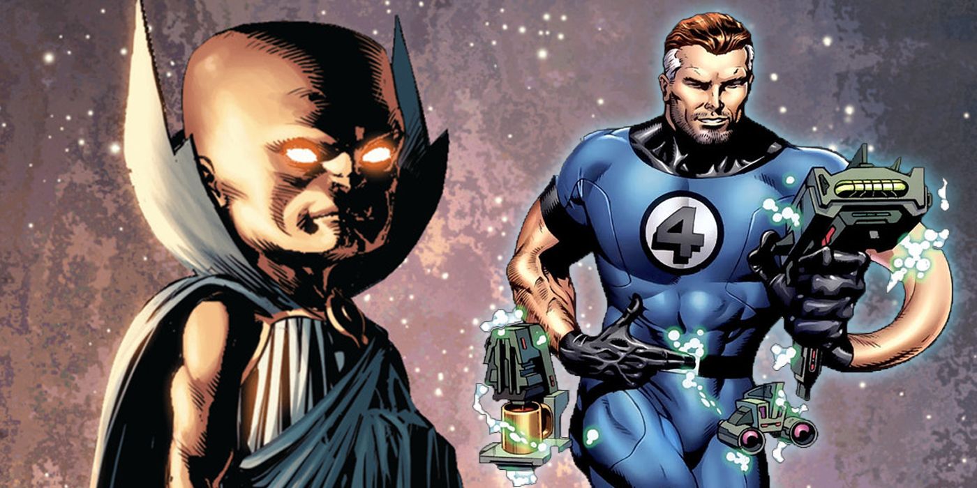 The Watcher in space and Reed Richards with his inventions split image