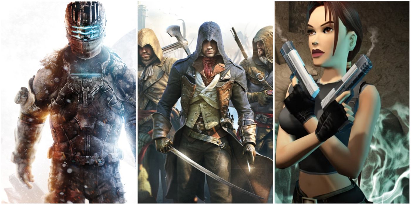 A split image showing Isaac Clarke in Dead Space 3, Arno in Assassin's Creed: Unity, and Lara Croft in Tomb Raider: The Angel of Darkness