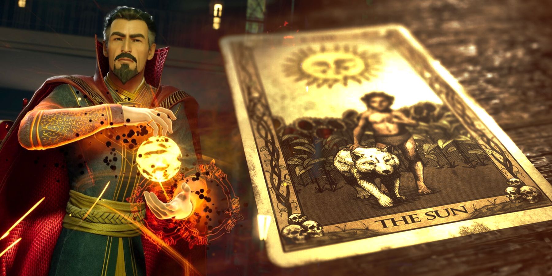 Doctor Strange from Marvel's Midnight Suns next to a tarot card