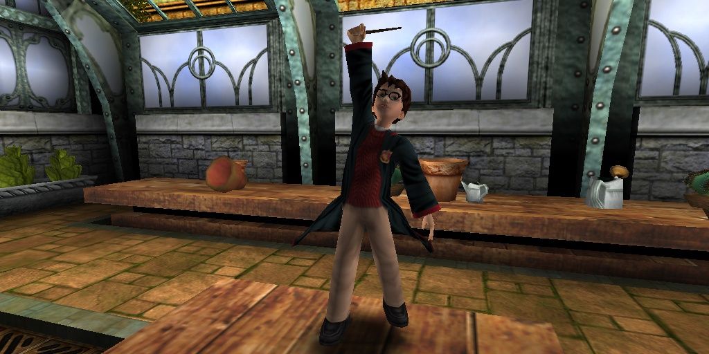 Harry raising his wand in the Chamber of Secrets game
