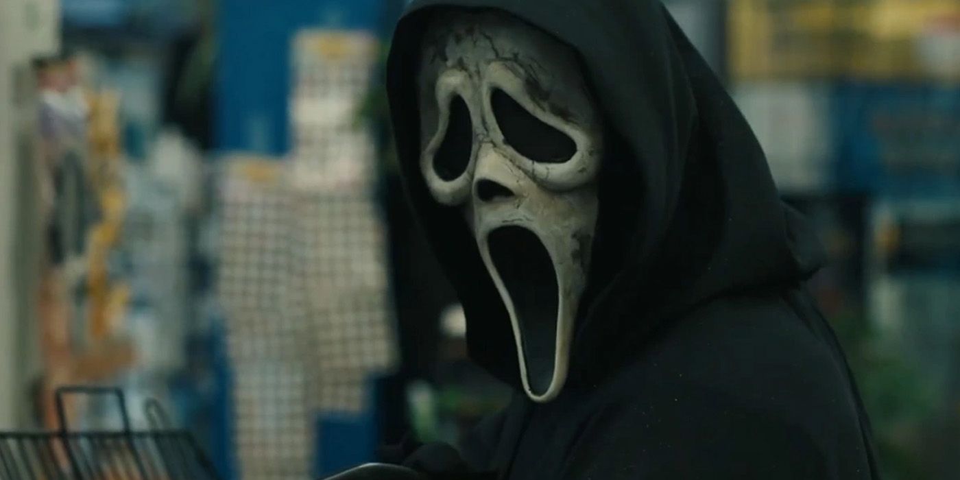 Ghostface with a battered mask in Scream VI.