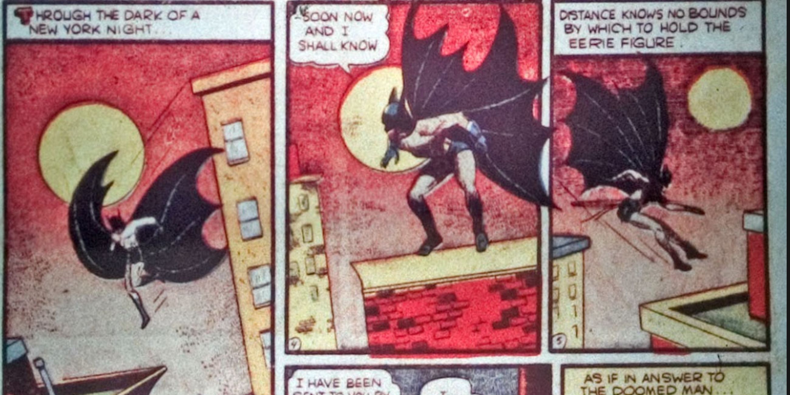 three panels of Batman on New York City rooftops in early DC Comics