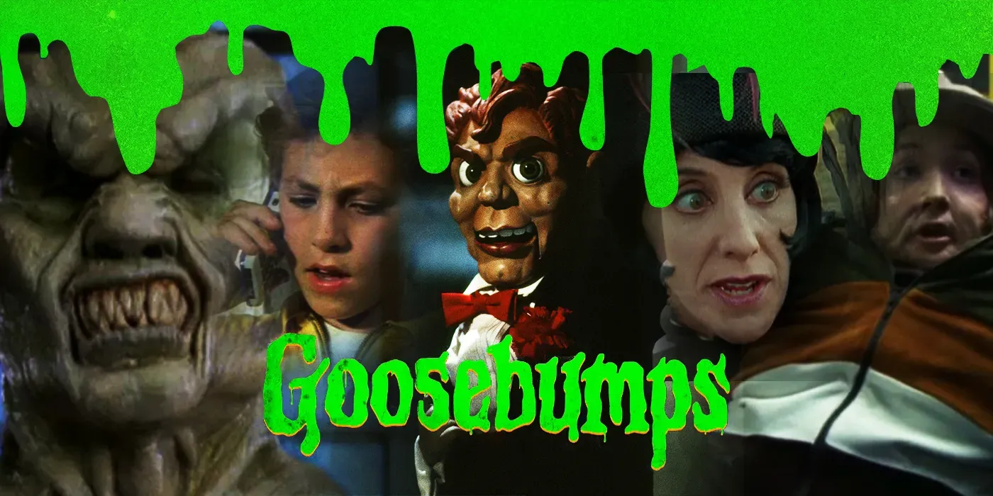 Several iconic images and characters from the Goosebumps TV series.