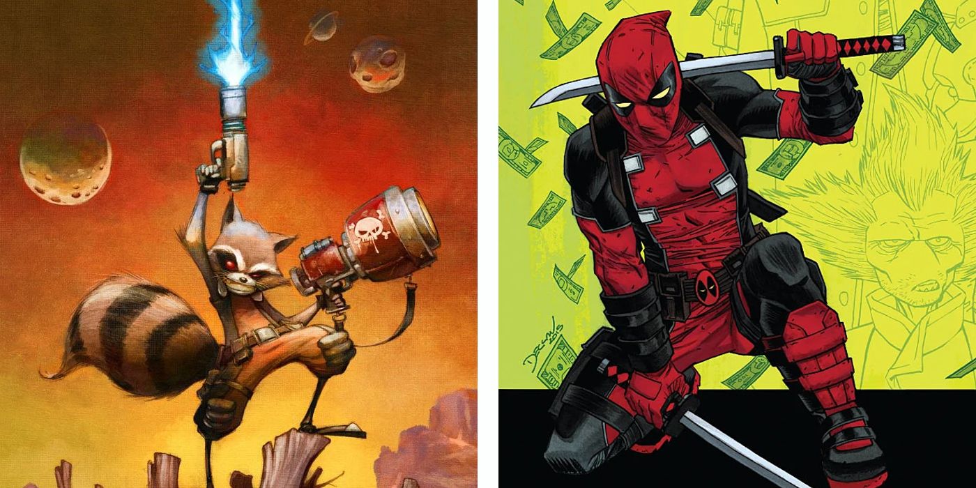 Side by side portraits of Rocket Raccoon and Deadpool