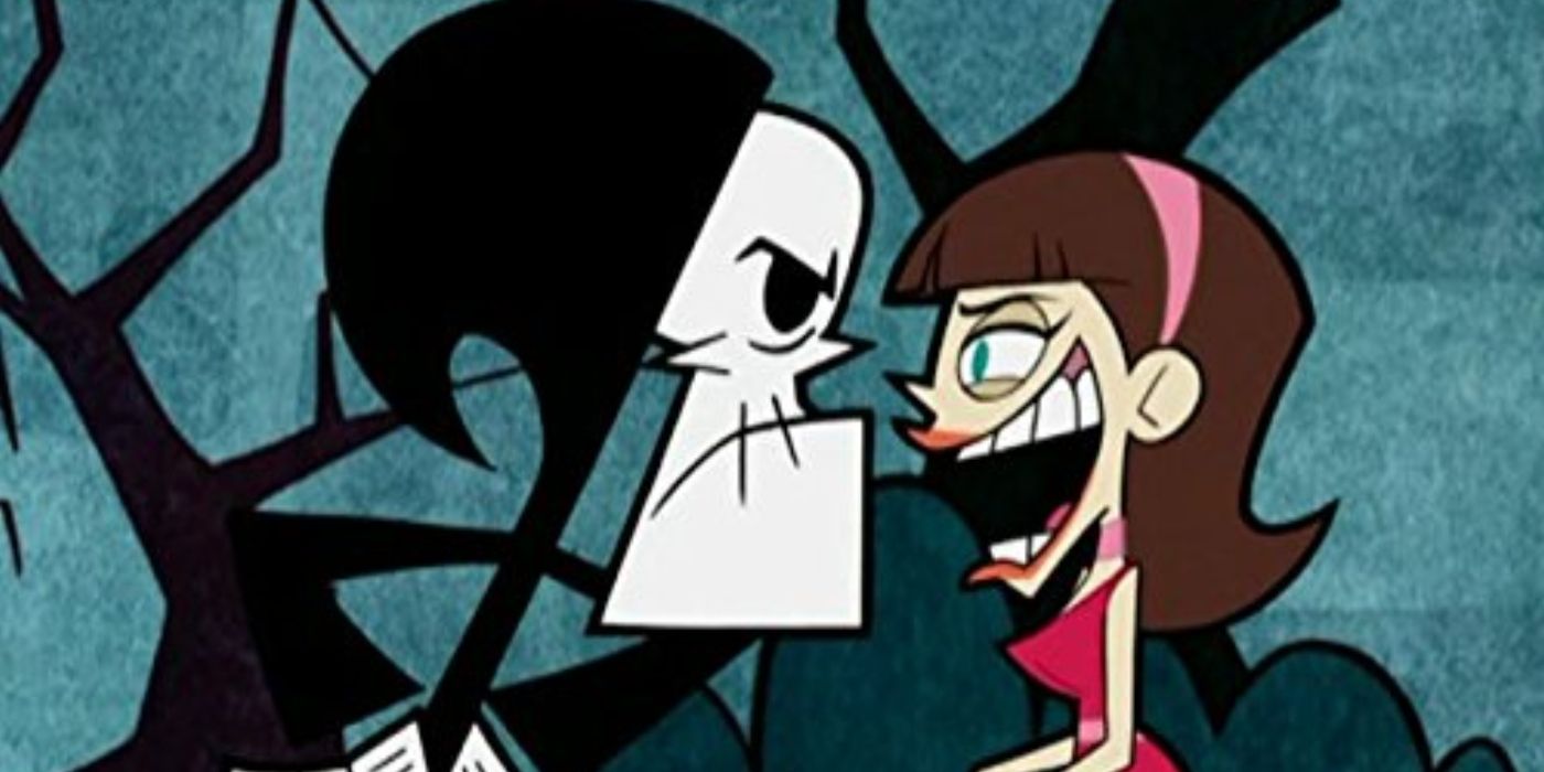 Grim making an angry face at the woman from The Grim Adventures Of Billy And Mandy. 