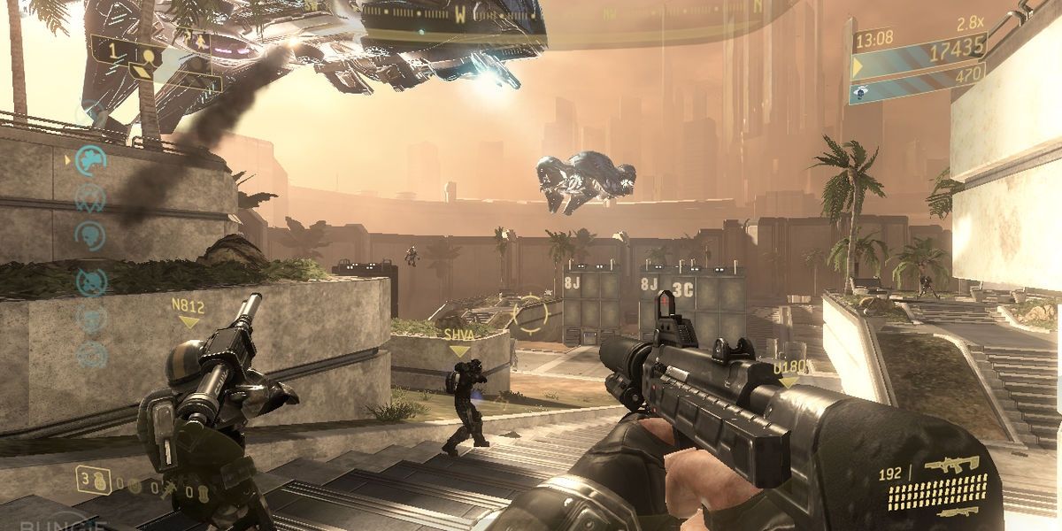 A Phantom bombarding four ODSTs in Halo 3: ODST firefight