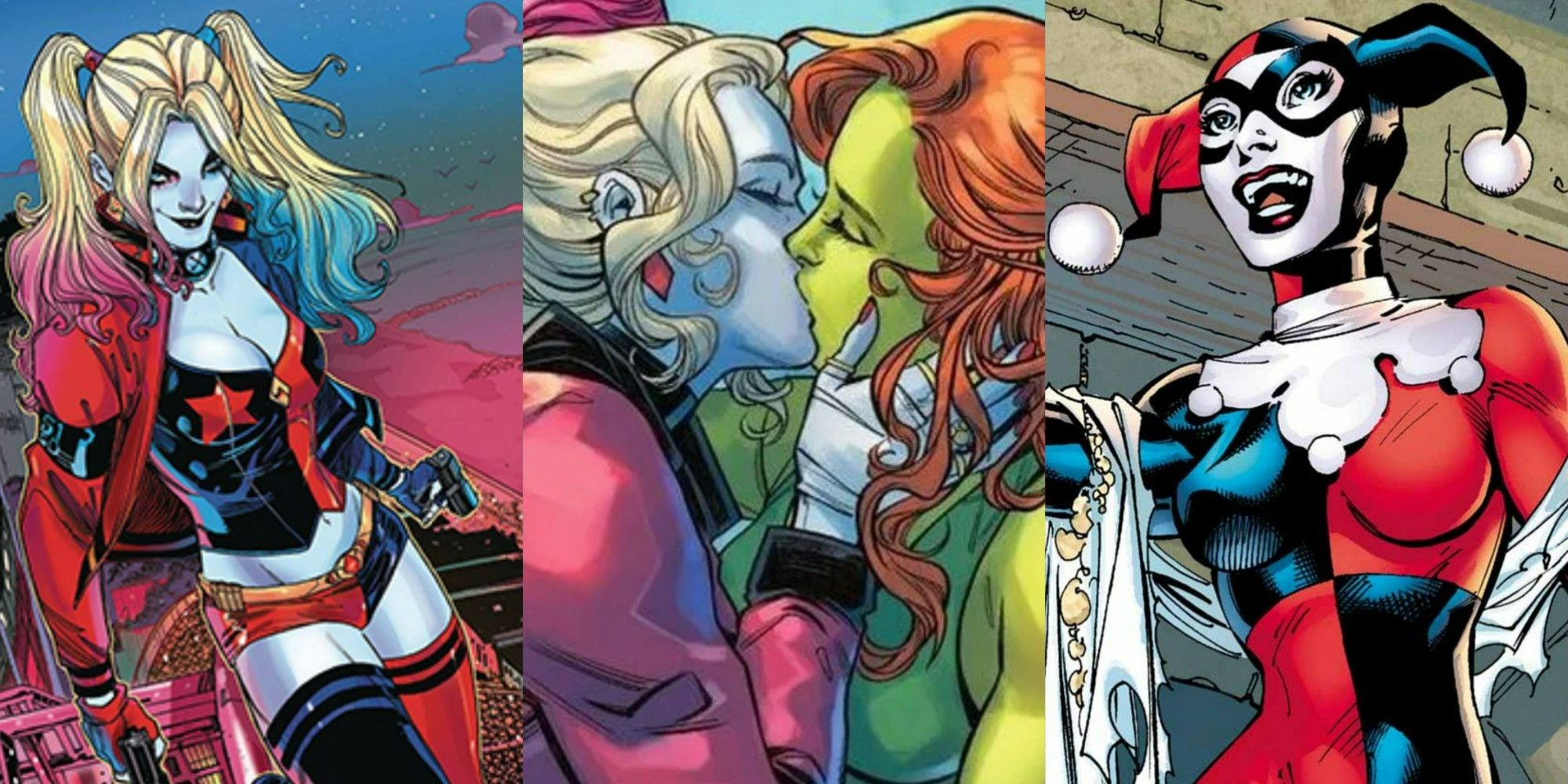 A split image of Harley Quinn smiling, or Harley Quinn kissing Poison Ivy, and Harley Quinn in her traditional DC Comics costume