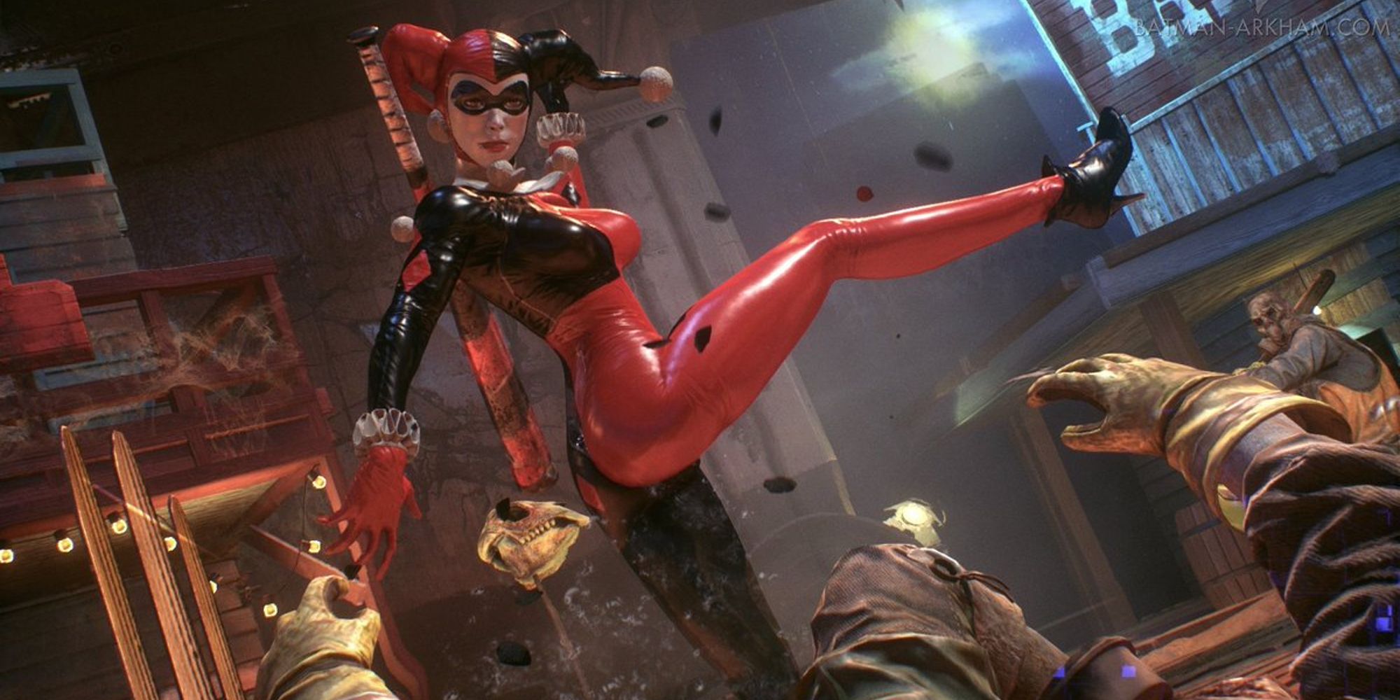 Harley Quinn in her classic suit fighting in the movie studios in Batman Arkham Knight (2015)