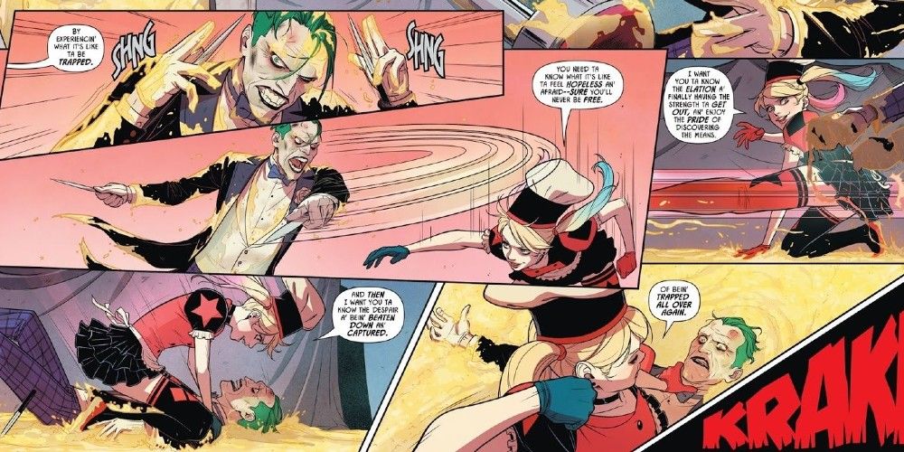 Harley Quinn getting revenge on the joker by drowning him in pudding
