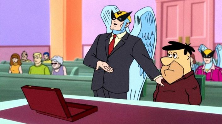 A scene from Harvey Birdman, Attorney at Law in which Fred Flintstone is being represented in court. 