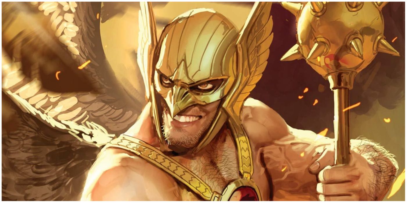 Hawkman smiling and gripping his mace in DC comics.