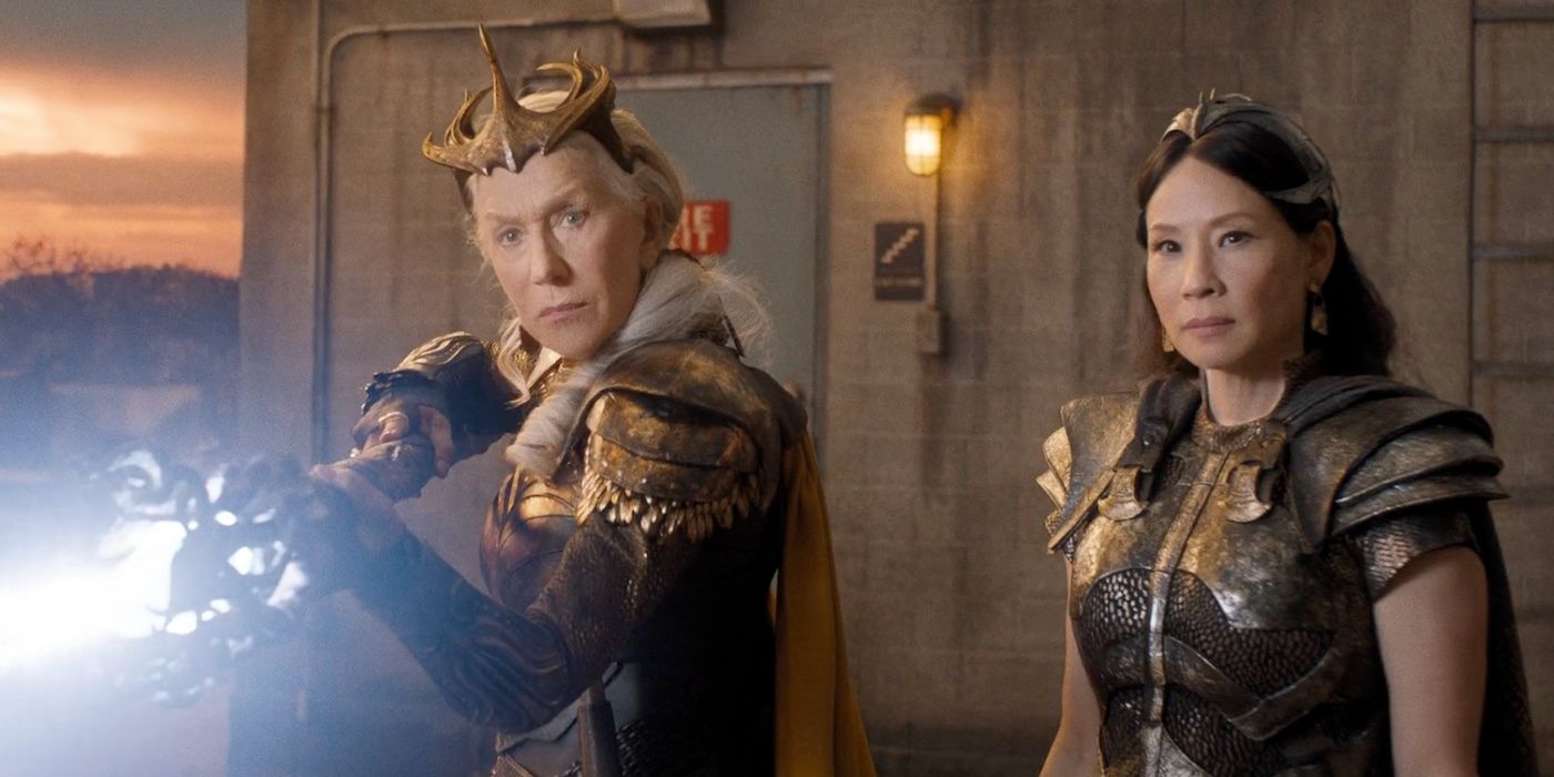 Helen Mirren as Hespera standing by Lucy Liu as Kalypso in Shazam Fury of the Gods
