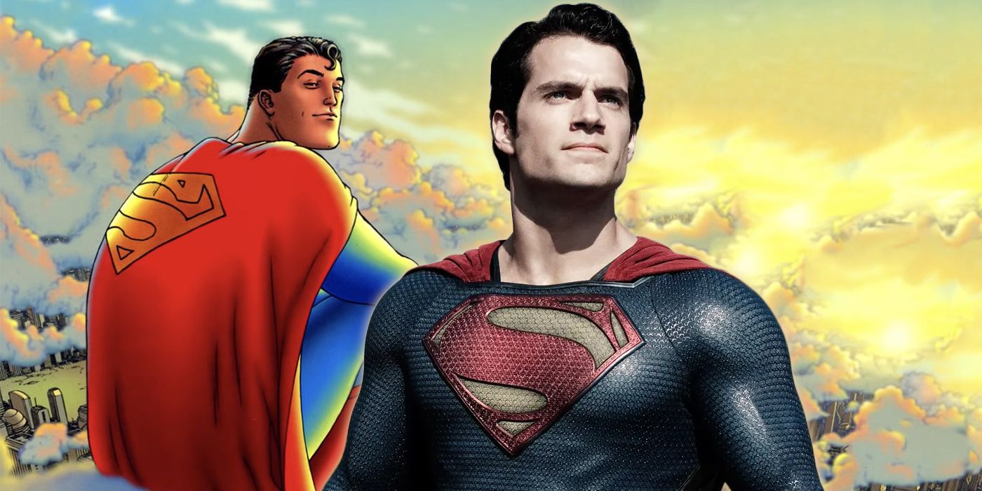 Henry Cavill as Superman over comic image from All-Star Superman showing him smiling