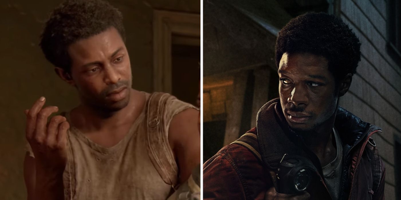 Henry putting things in Sam's backpack in The Last of Us Part I and a character portrait of Lamar Johnson as Henry in HBO's The Last of Us