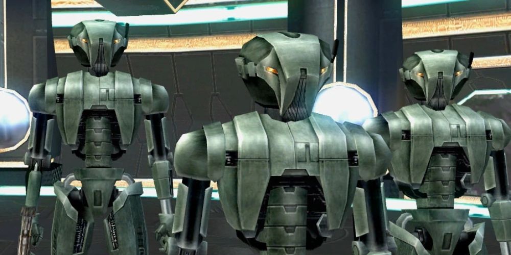 A trio of HK-50 Assassin Droids preparing to fight in Star Wars: Knights of the Old Republic II - The Sith Lords