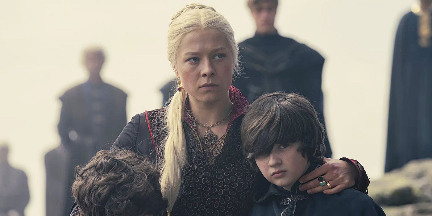 House of the Dragon: Emma D'Arcy's Rhaenyra Targaryen holding two of her kids.
